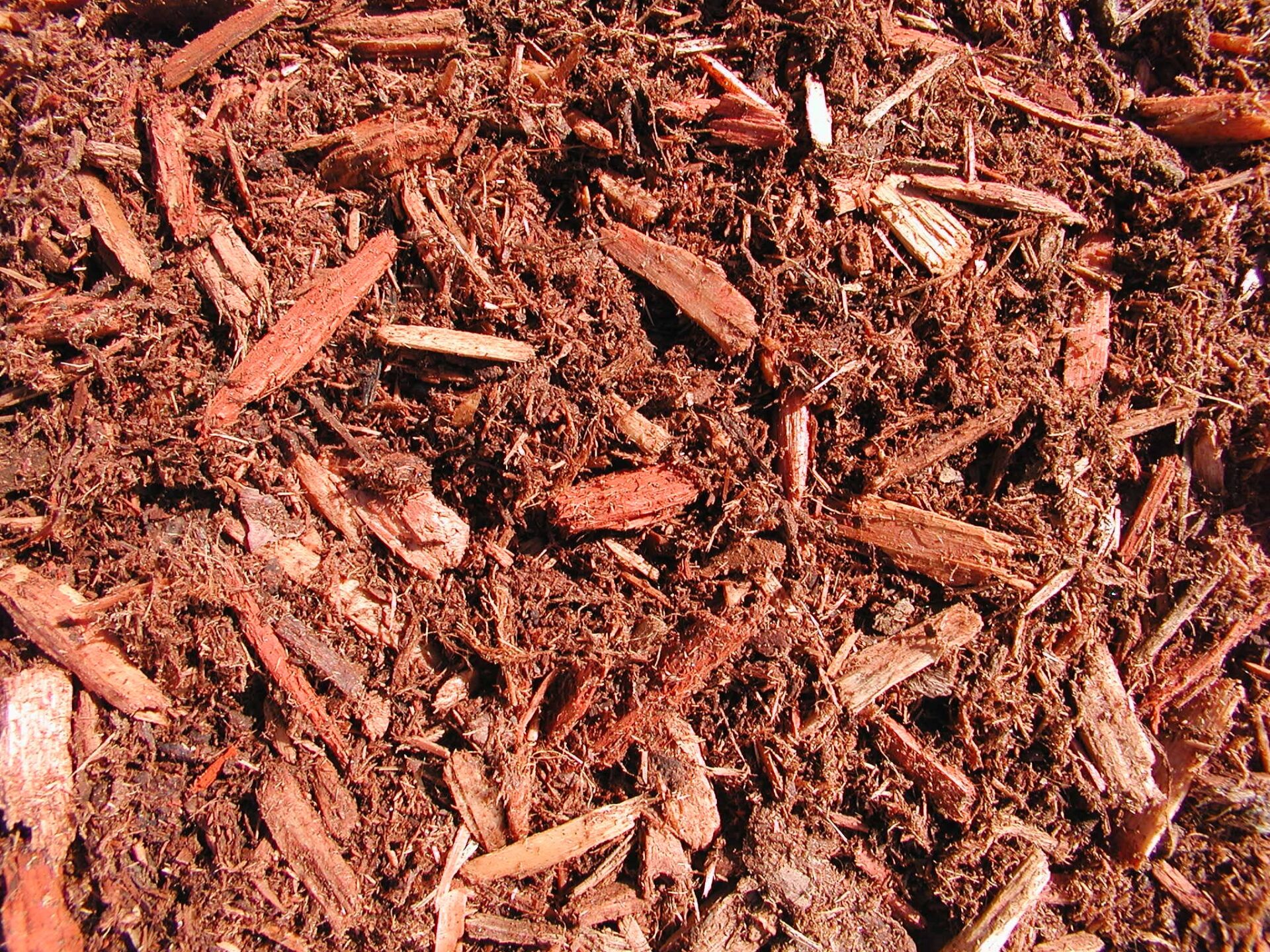 A close-up image of brown mulch composed of wood chips and organic material, covering the ground with a textured, earthy appearance.