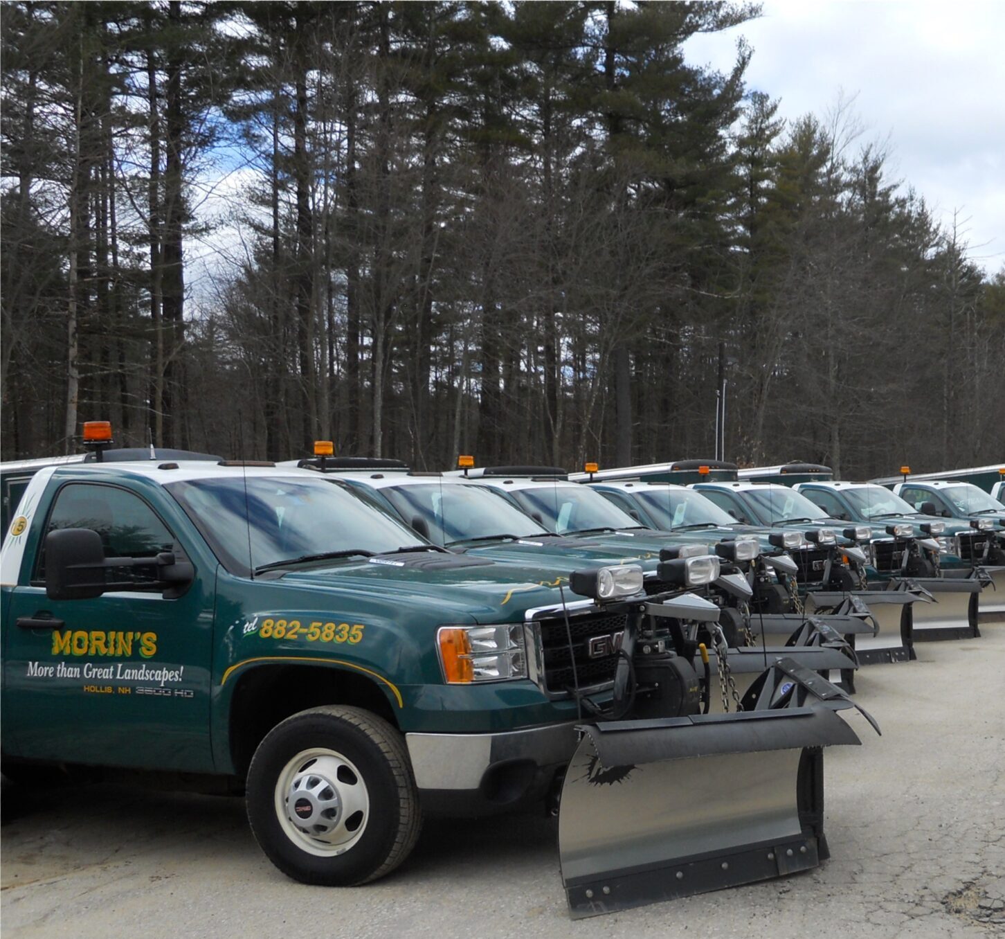 A fleet of snowplow trucks is lined up on a paved road near a forested area under a cloudy sky.