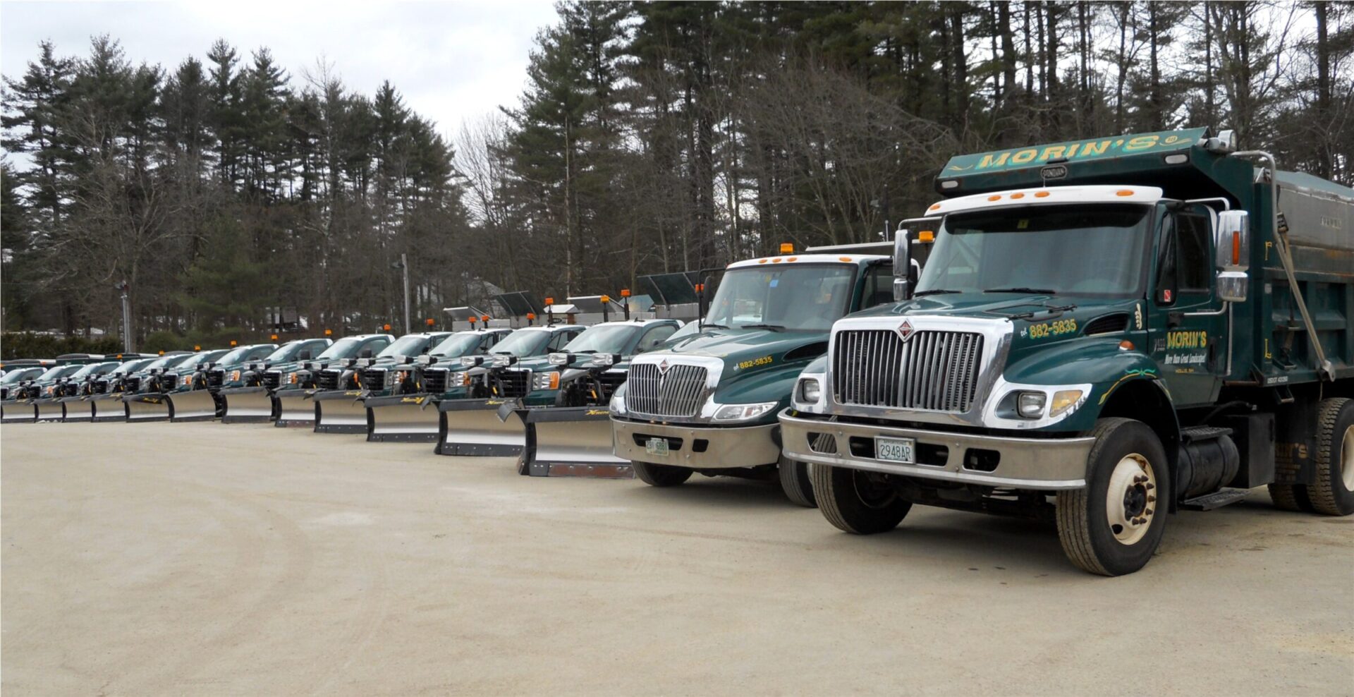 A line of green dump trucks with snow plows is parked on a lot, surrounded by tall trees under an overcast sky.