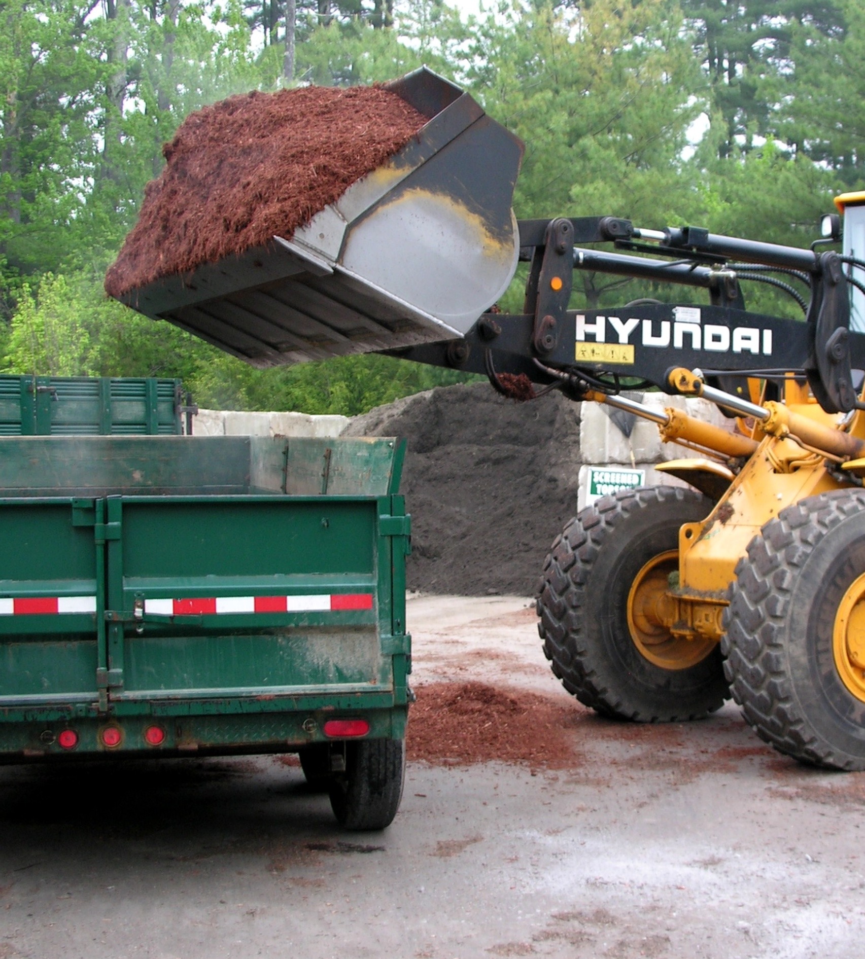 A Hyundai front loader dumps soil into a green dump truck, surrounded by trees and a dirt lot, creating an outdoor construction scene.