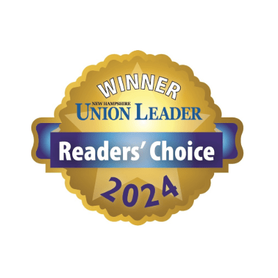 Golden badge with "Winner" and "Readers' Choice 2024" text from New Hampshire Union Leader. Blue and gold color scheme with star design.