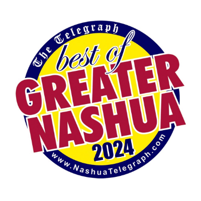 Circular graphic with "The Telegraph Best of Greater Nashua 2024" text in bold colors. Includes website URL at the bottom.