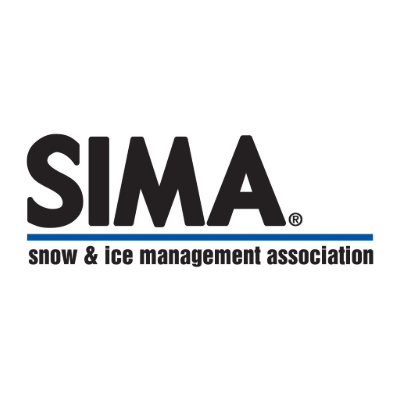 Black and white logo with "SIMA" text above "snow & ice management association" on a black background, featuring a blue underline.