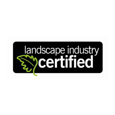 The image shows a "landscape industry certified" logo, featuring a stylized green leaf on a black and white background.