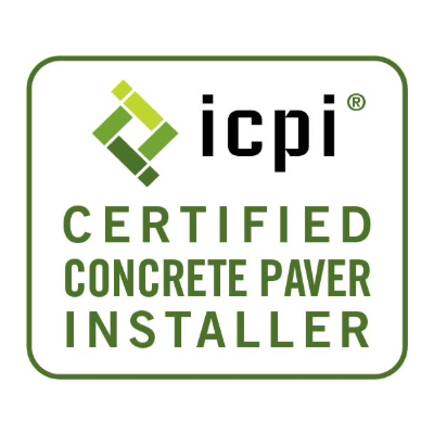 A logo featuring the ICPI emblem with text reading "Certified Concrete Paver Installer," showcasing professional certification in the paving industry.