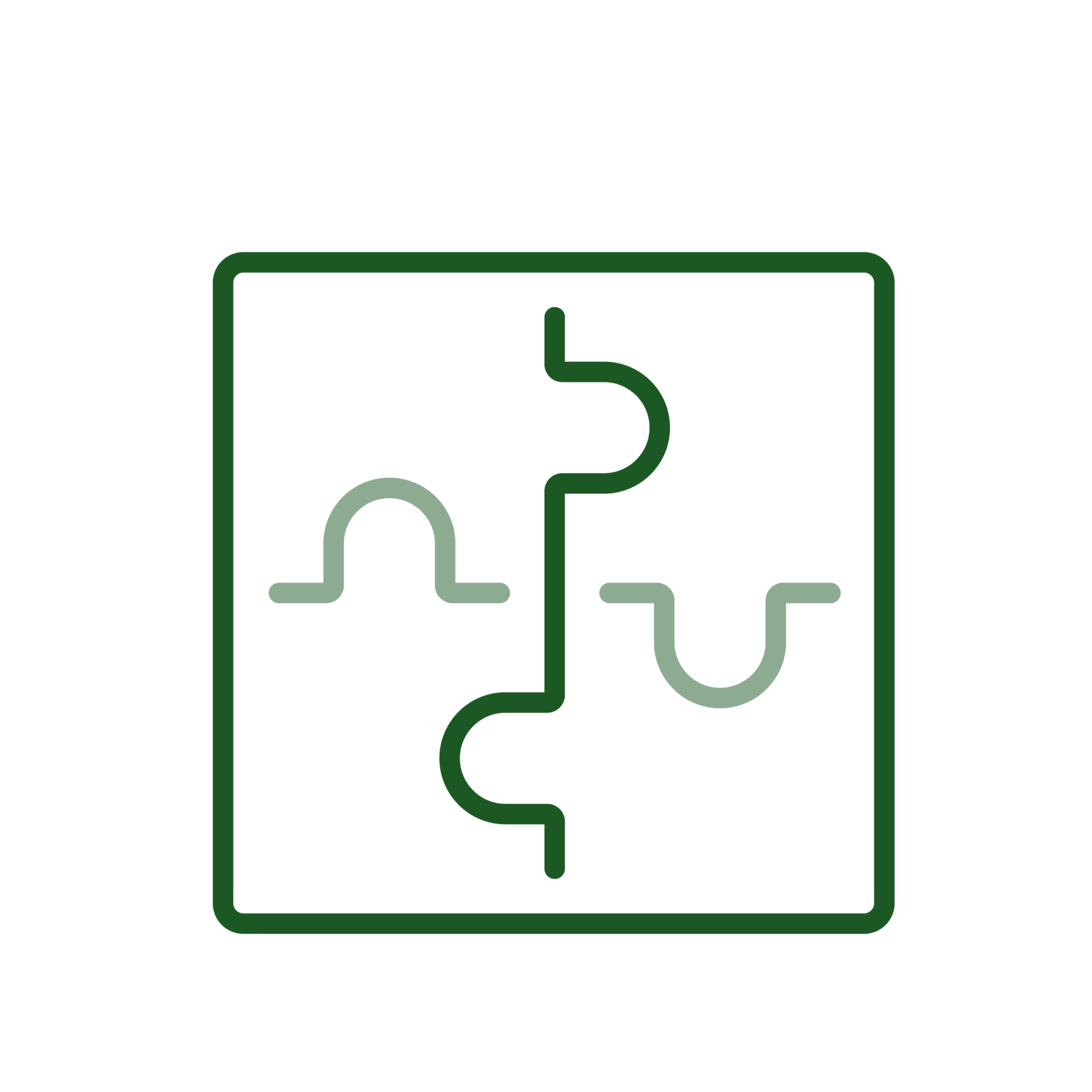 The image shows a green puzzle piece icon on a black background, featuring simple curved lines and a minimalist design.