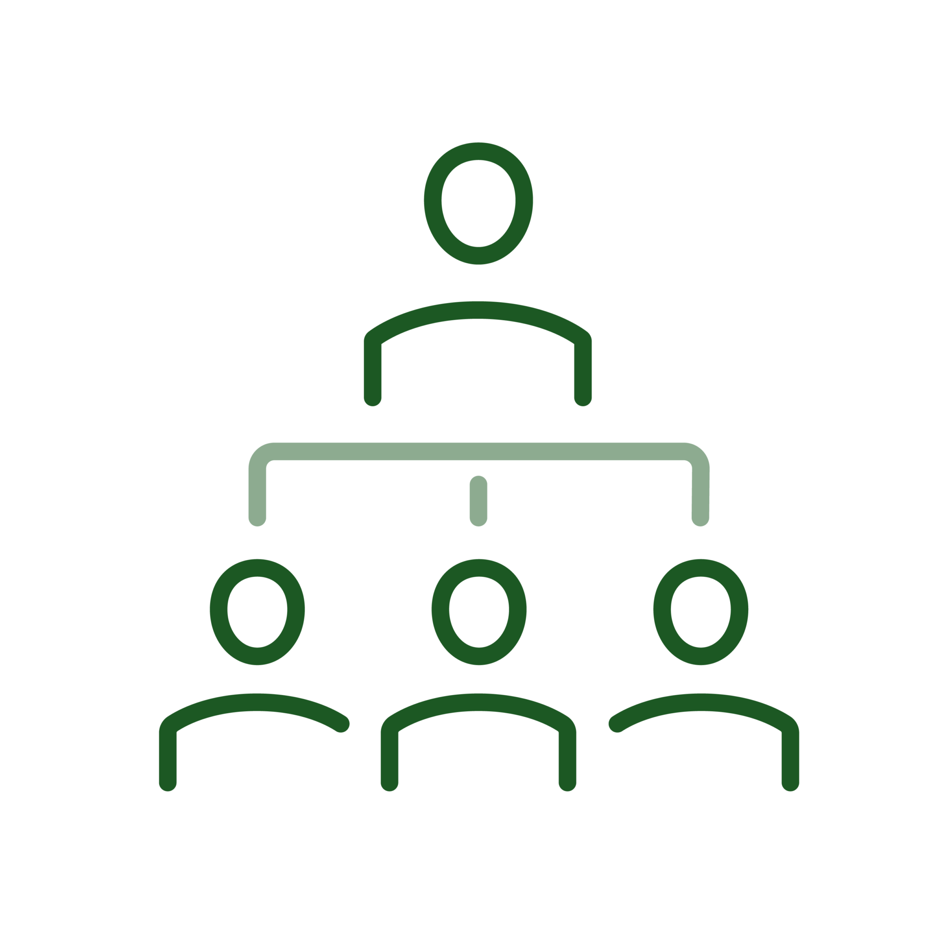 Simple organizational hierarchy icon with one person symbol on top connected to three below, represented by green outlines on a black background.