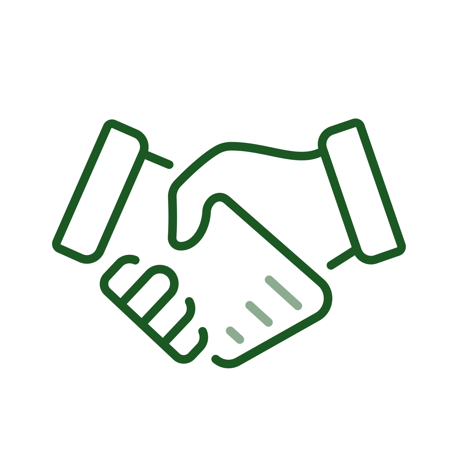 A simple green outline of a handshake on a black background symbolizing agreement or partnership. No landmarks or historical buildings present.