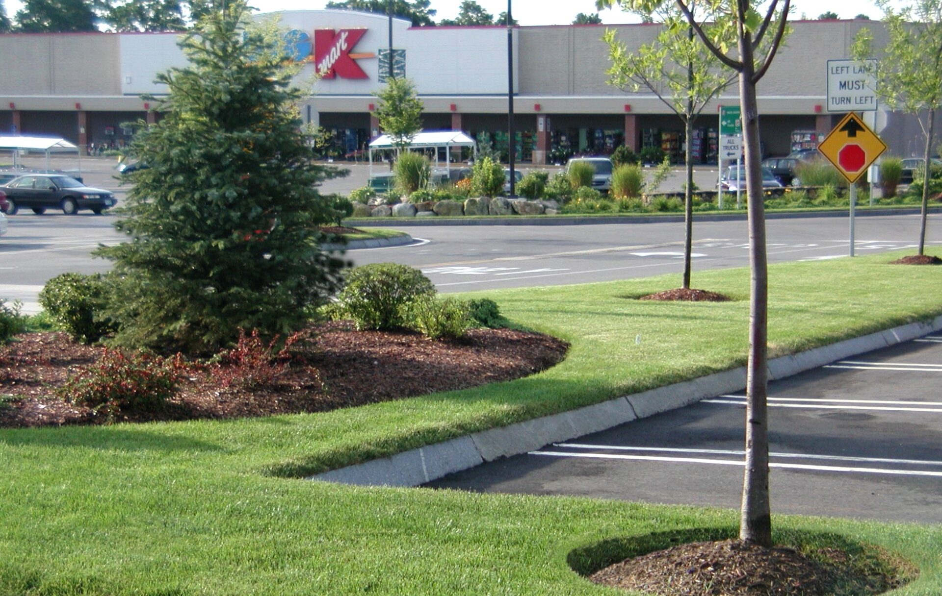 A shopping center with a Kmart store features a landscaped parking lot, trees, and signs, under a clear sky.