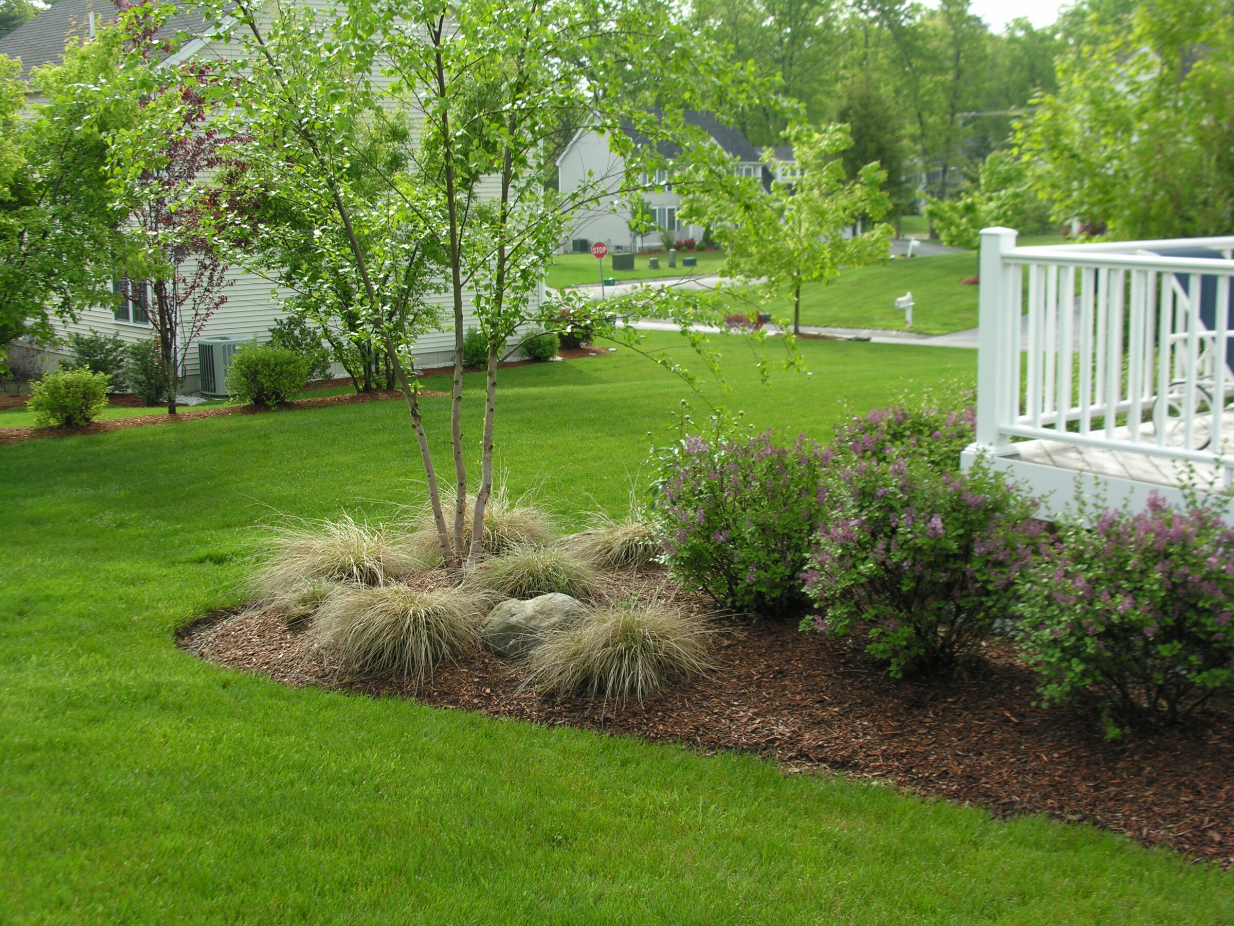A lush backyard garden features trees, shrubs, and a manicured lawn. A white porch railing borders the space, with houses in the background.