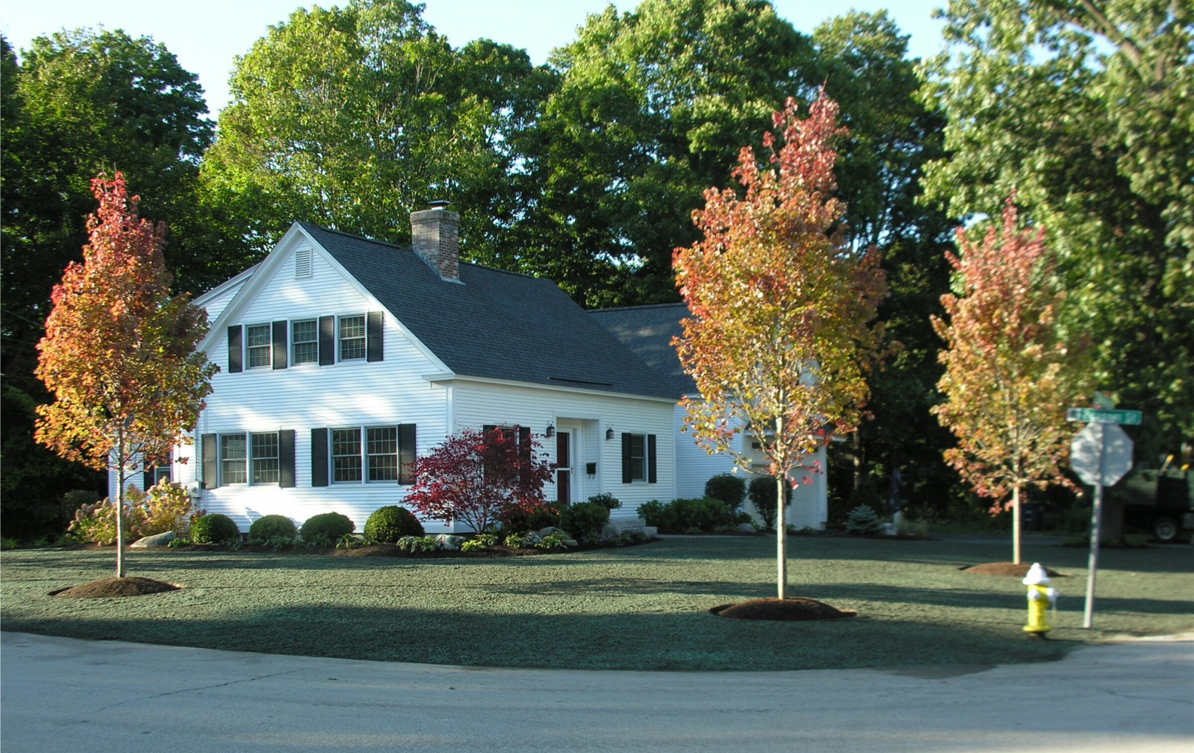 A white house with dark roof surrounded by colorful autumn trees. Located at a street intersection with a fire hydrant and traffic sign.
