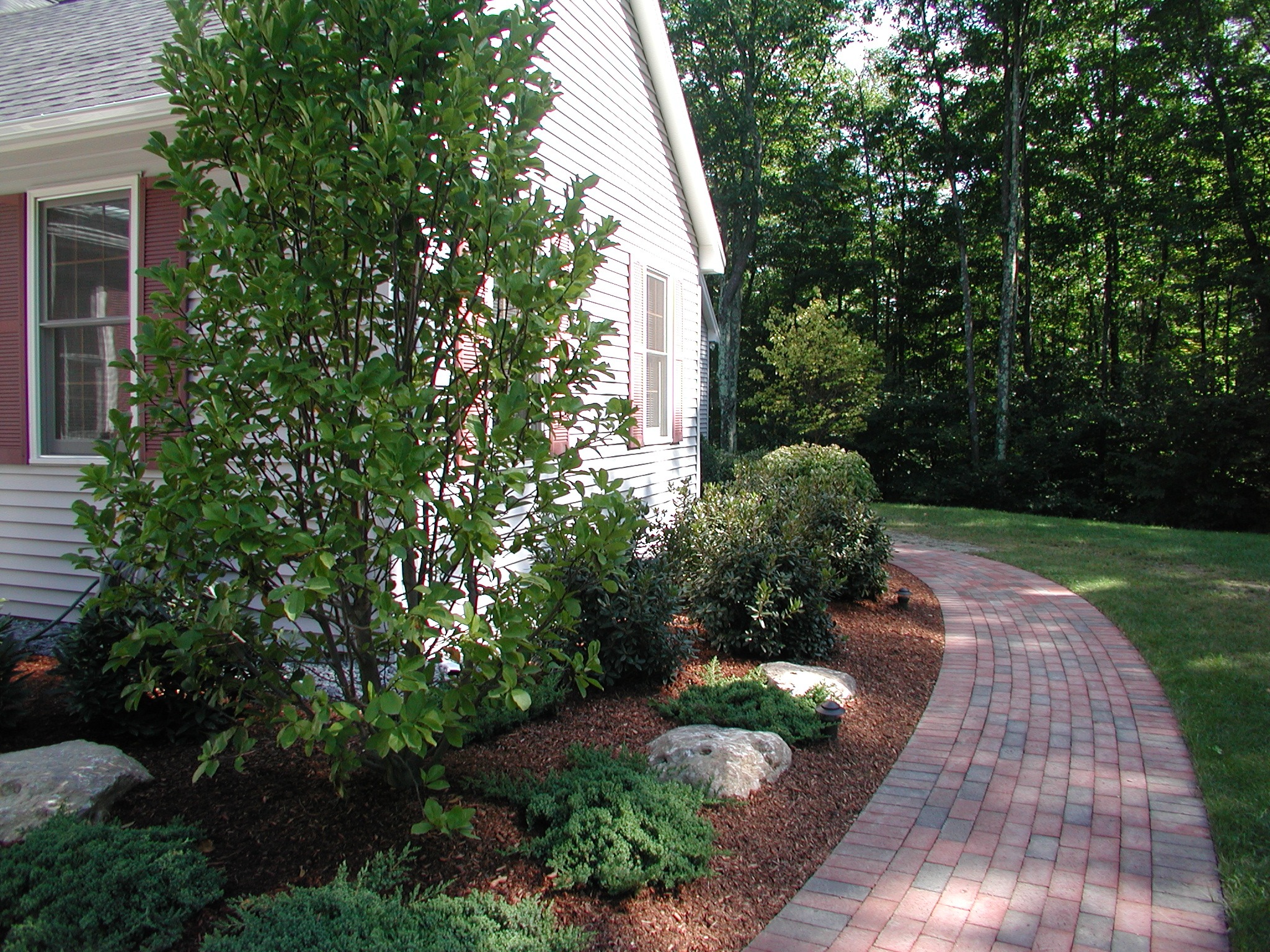 A white house with a red brick path curves past neatly arranged shrubs and trees, set in a lush, wooded area.