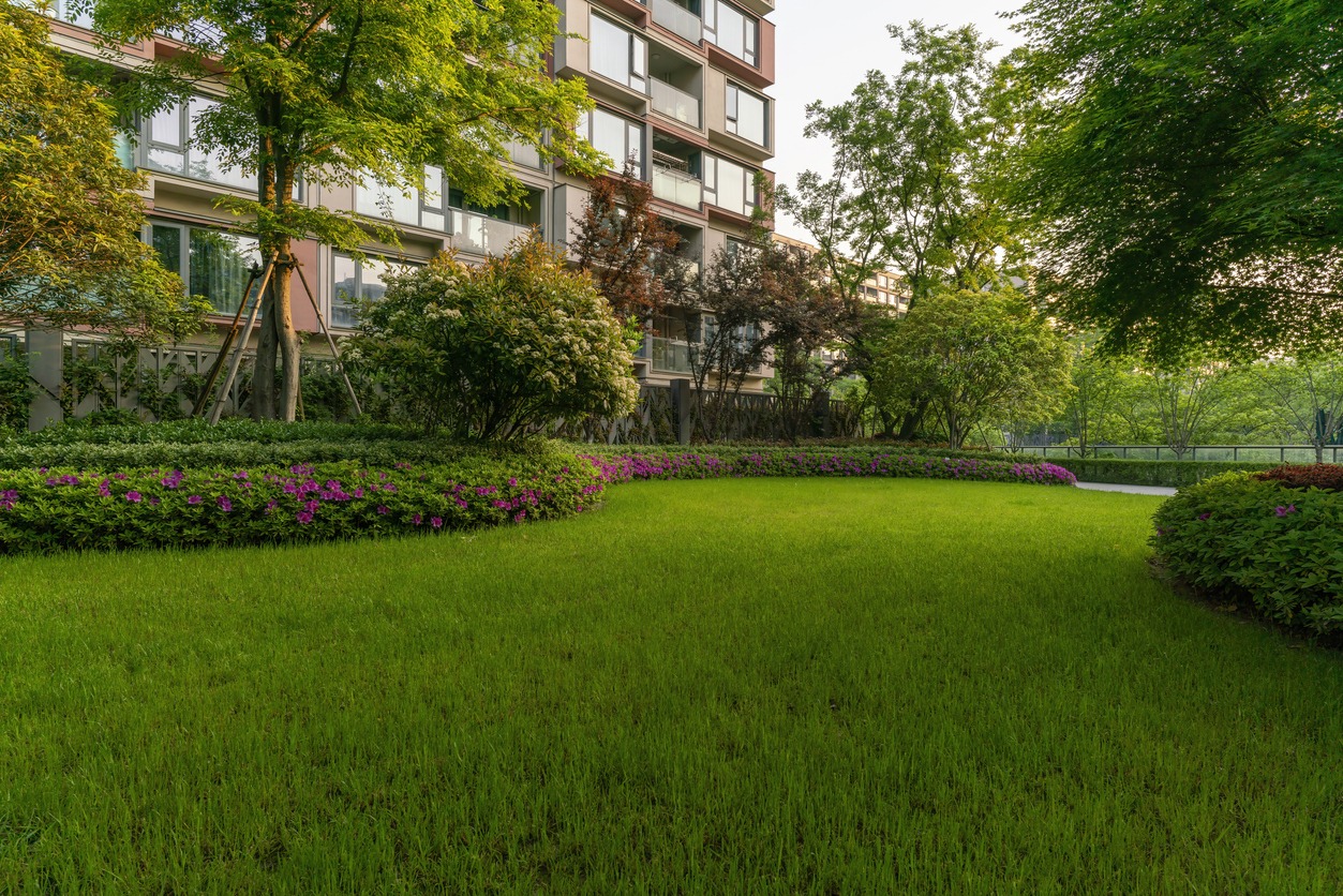 A serene garden with lush green grass, bordered by colorful flowers, located beside a modern apartment building under a clear sky.