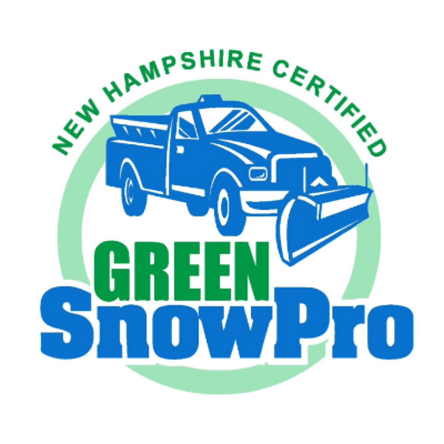 Logo of New Hampshire Certified Green SnowPro, featuring a blue snowplow truck with green and blue text on a circular background.