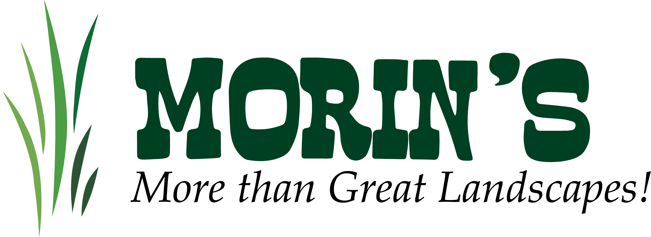 Logo with green grass graphic and bold letters reads “MORIN’S More than Great Landscapes!” in green and brown text on a white background.