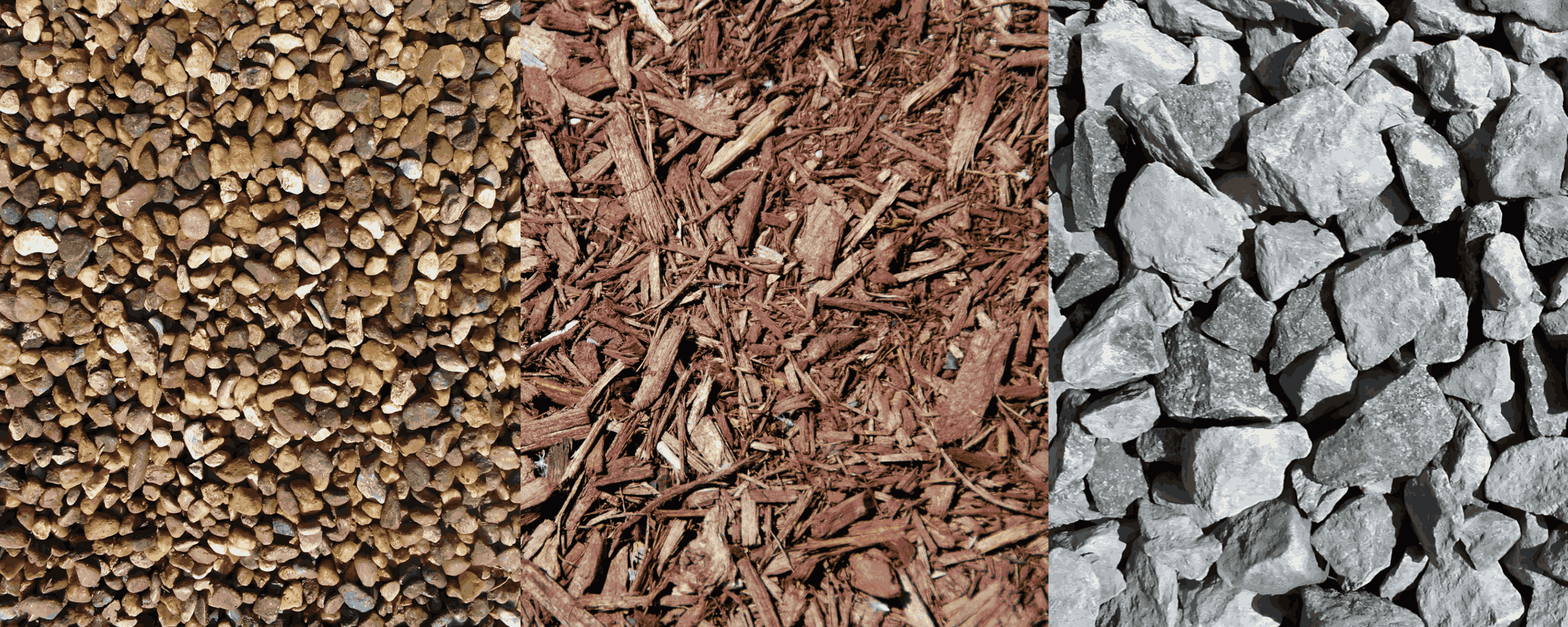 Three sections display different textures: small tan pebbles, reddish-brown wood chips, and grey rocks. No people, landmarks, or buildings present.